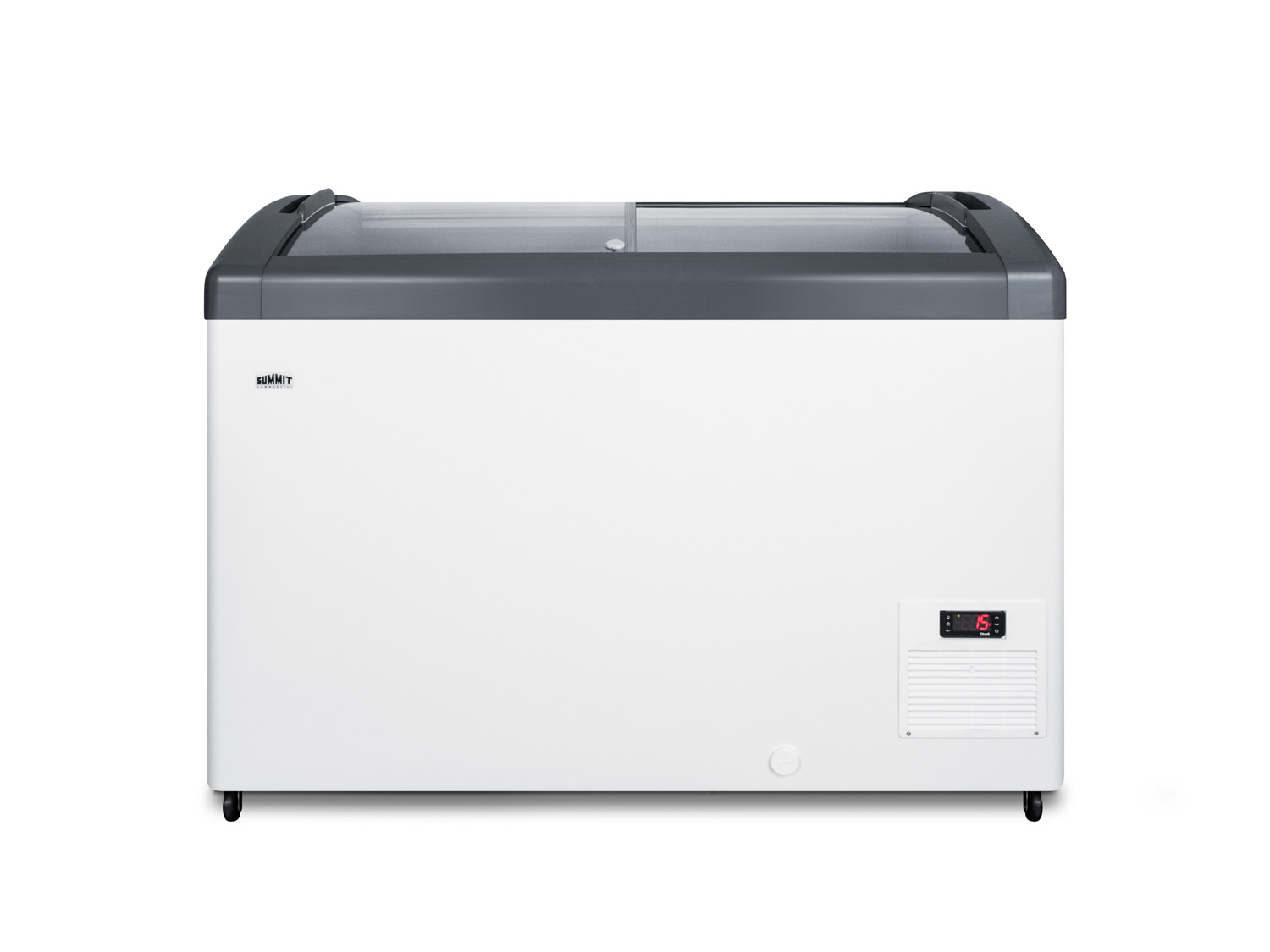 Curved top commercial ice cream freezer with sliding glass lid, digital thermostat, novelty baskets, and 9.5 cu.ft. interior